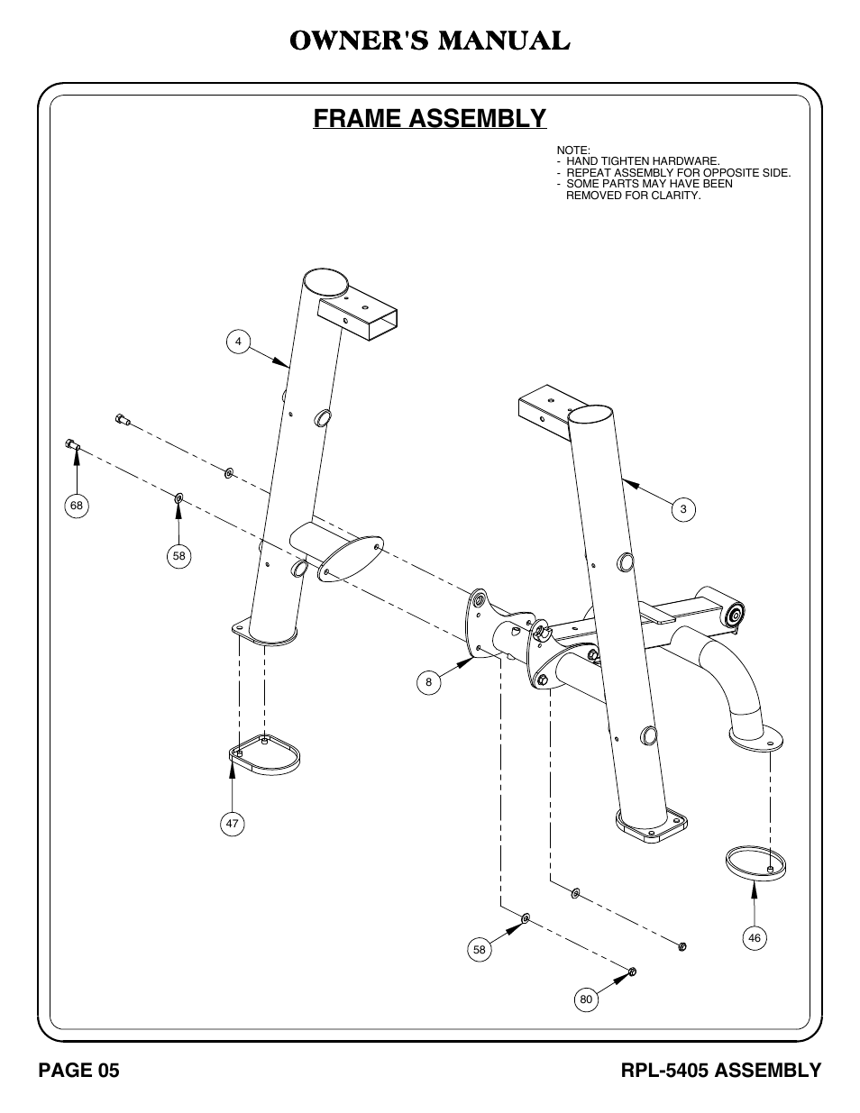 Frame assembly, Owner's manual, Page 05 | Rpl-5405 assembly | Hoist Fitness RPL-5405 User Manual | Page 6 / 40