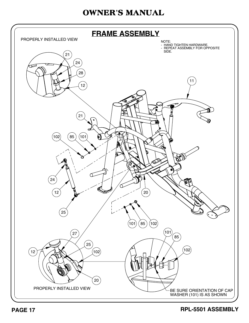 Frame assembly, Owner's manual, Page 17 | Rpl-5501 assembly | Hoist Fitness RPL-5501 User Manual | Page 20 / 48