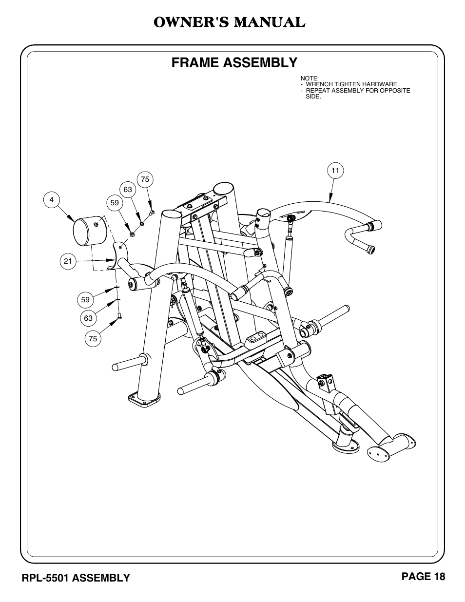 Frame assembly, Owner's manual | Hoist Fitness RPL-5501 User Manual | Page 21 / 48