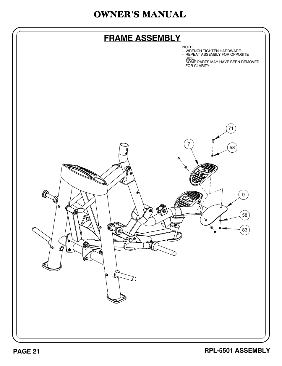 Frame assembly, Owner's manual | Hoist Fitness RPL-5501 User Manual | Page 24 / 48