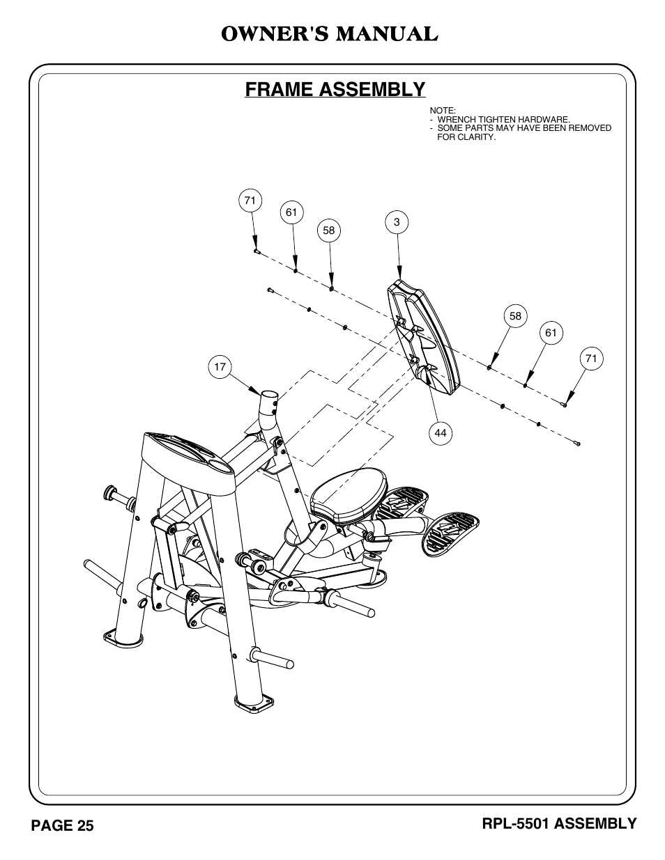 Frame assembly, Owner's manual | Hoist Fitness RPL-5501 User Manual | Page 28 / 48