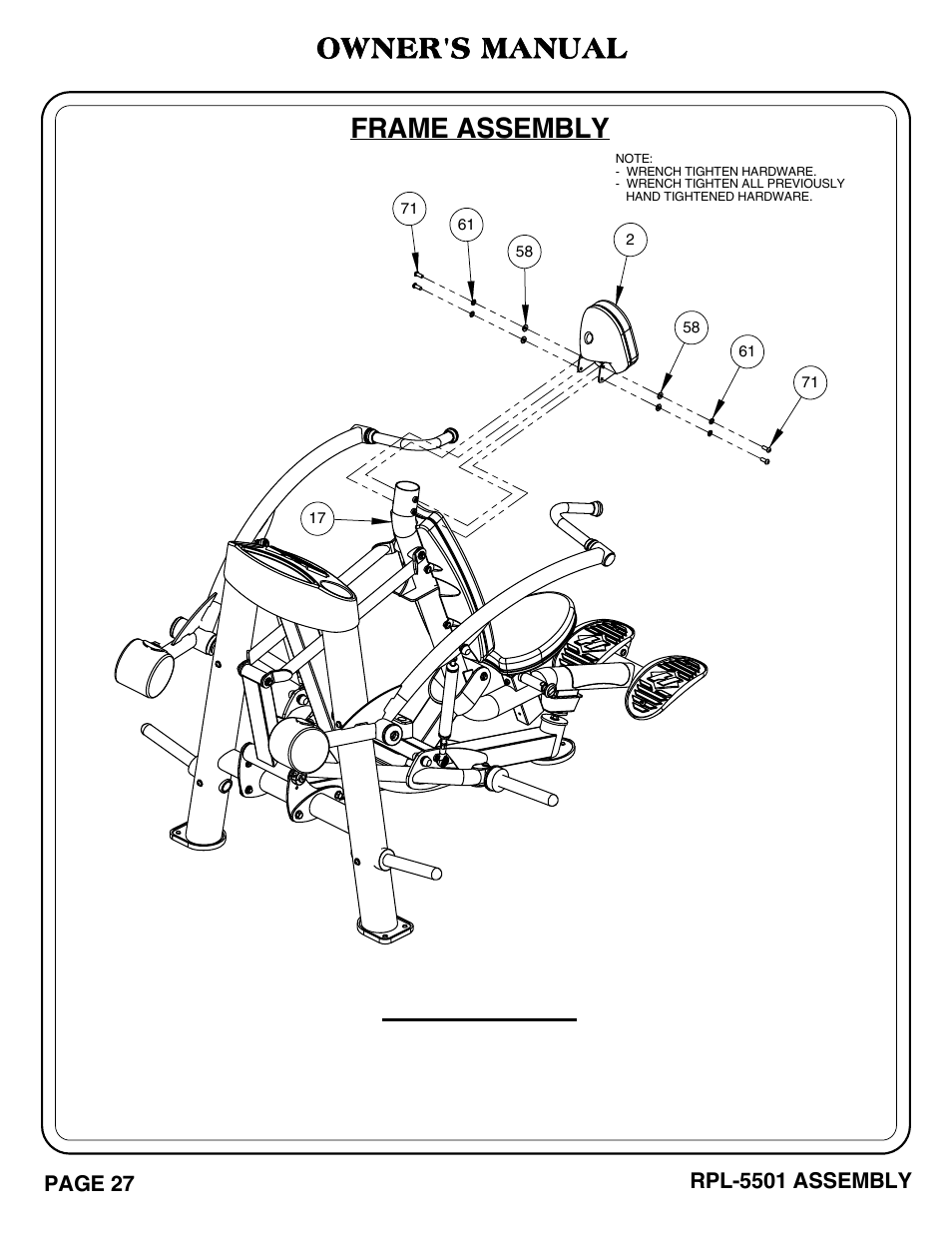 Important, Frame assembly, Owner's manual | Hoist Fitness RPL-5501 User Manual | Page 30 / 48