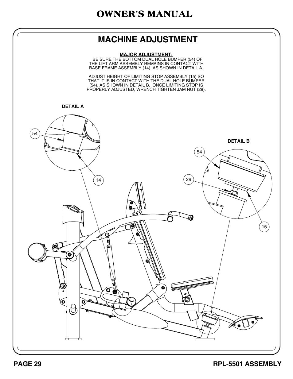 Machine adjustment, Owner's manual, Rpl-5501 assembly | Page 29 | Hoist Fitness RPL-5501 User Manual | Page 32 / 48