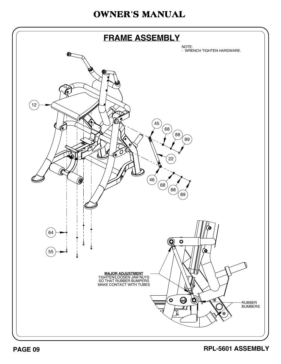 Frame assembly, Owner's manual, Page 09 | Rpl-5601 assembly | Hoist Fitness RPL-5601 User Manual | Page 10 / 31