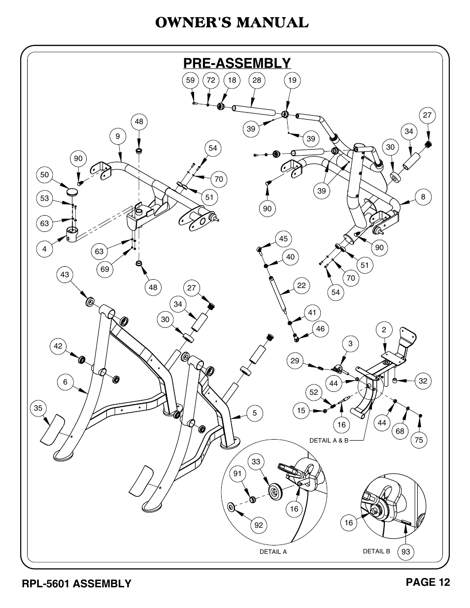 Pre-assembly, Owner's manual, Rpl-5601 assembly | Page 12 | Hoist Fitness RPL-5601 User Manual | Page 13 / 31