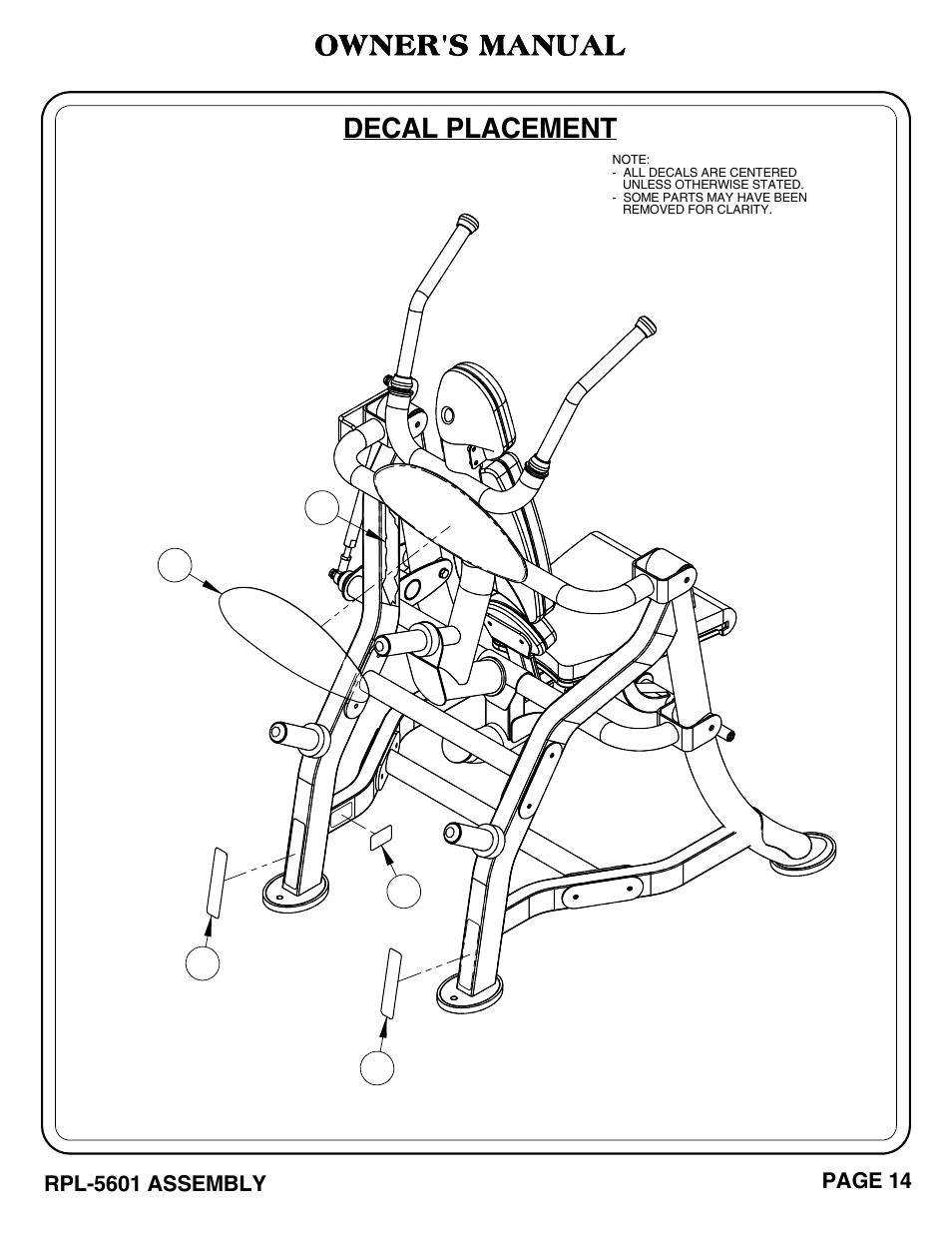 Owner's manual, Decal placement | Hoist Fitness RPL-5601 User Manual | Page 15 / 31