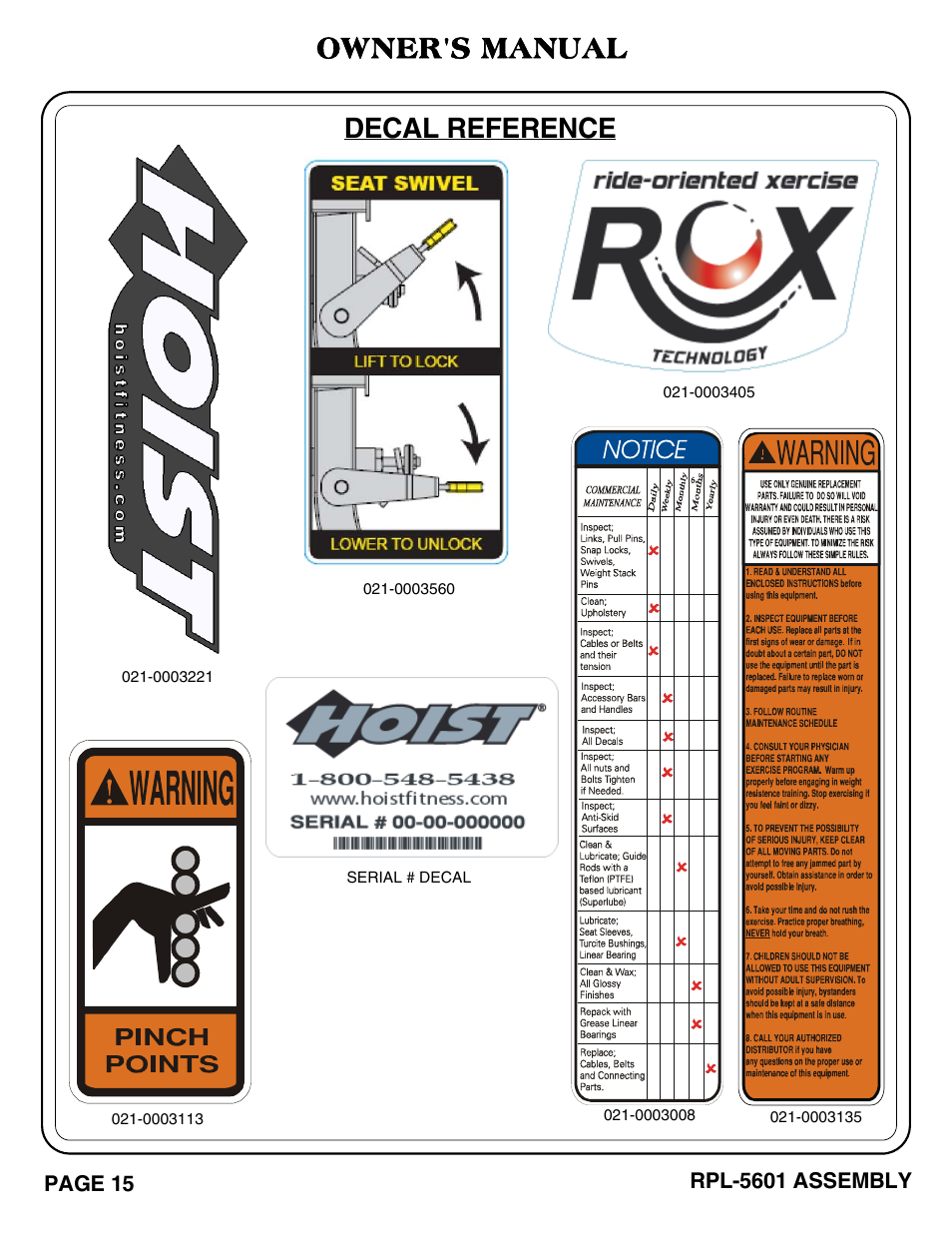 Owner's manual, Decal reference | Hoist Fitness RPL-5601 User Manual | Page 16 / 31