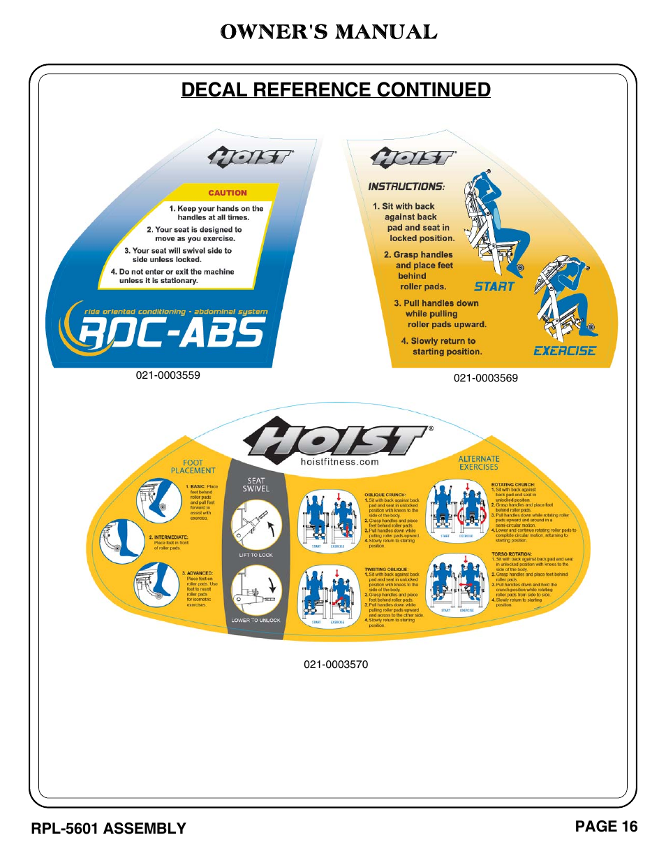 Owner's manual, Decal reference continued | Hoist Fitness RPL-5601 User Manual | Page 17 / 31