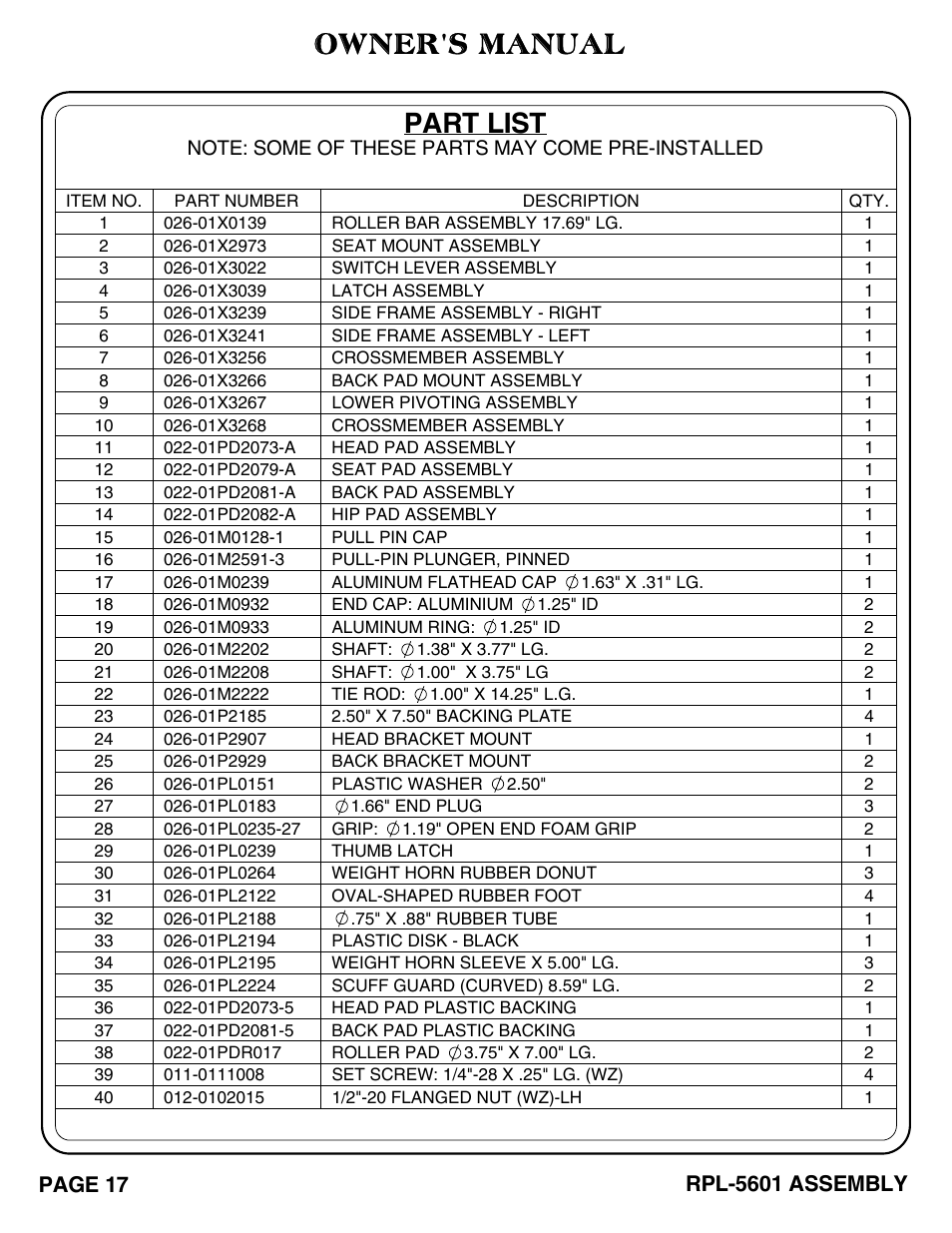 Owner's manual part list | Hoist Fitness RPL-5601 User Manual | Page 18 / 31