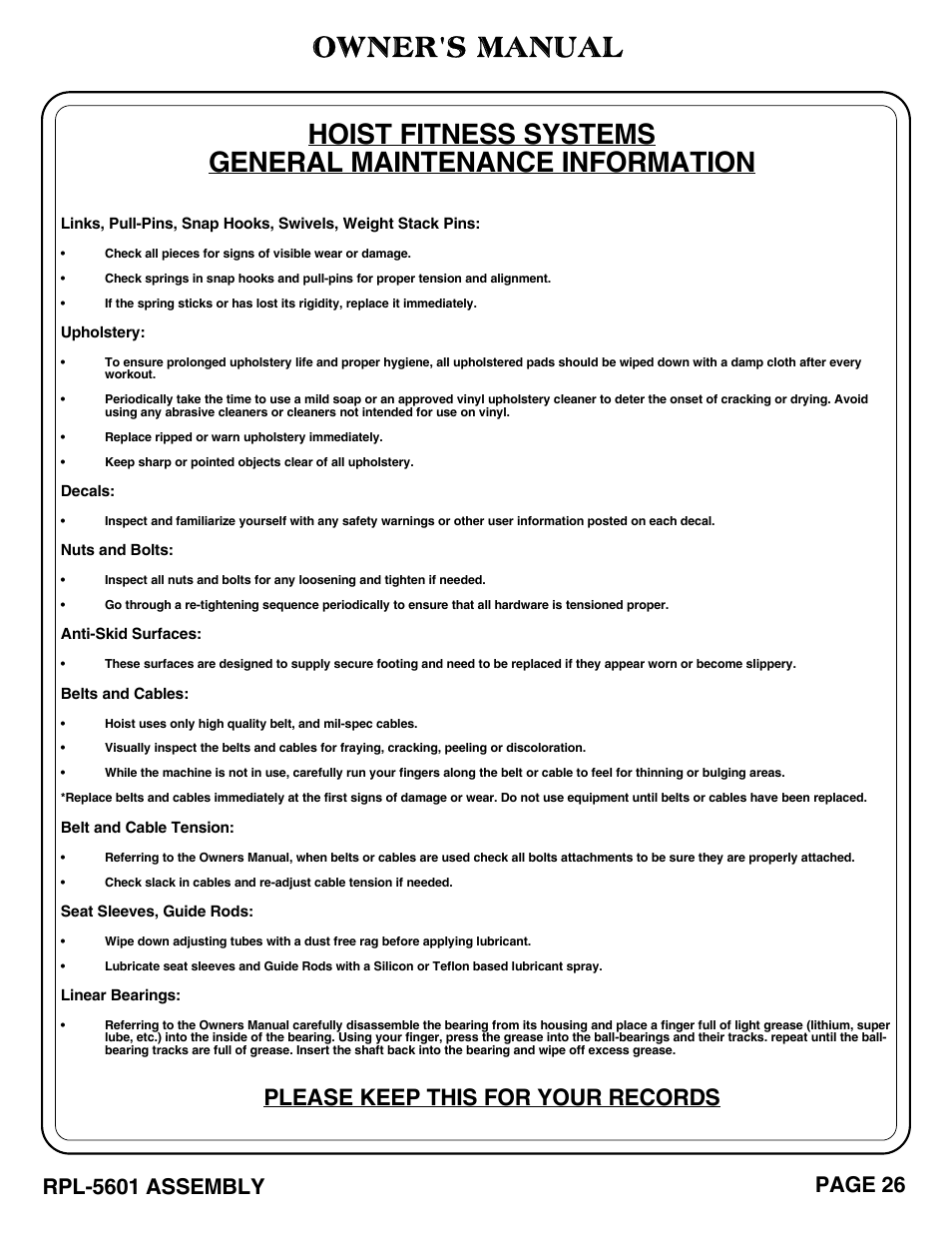 Owner's manual, Please keep this for your records | Hoist Fitness RPL-5601 User Manual | Page 27 / 31