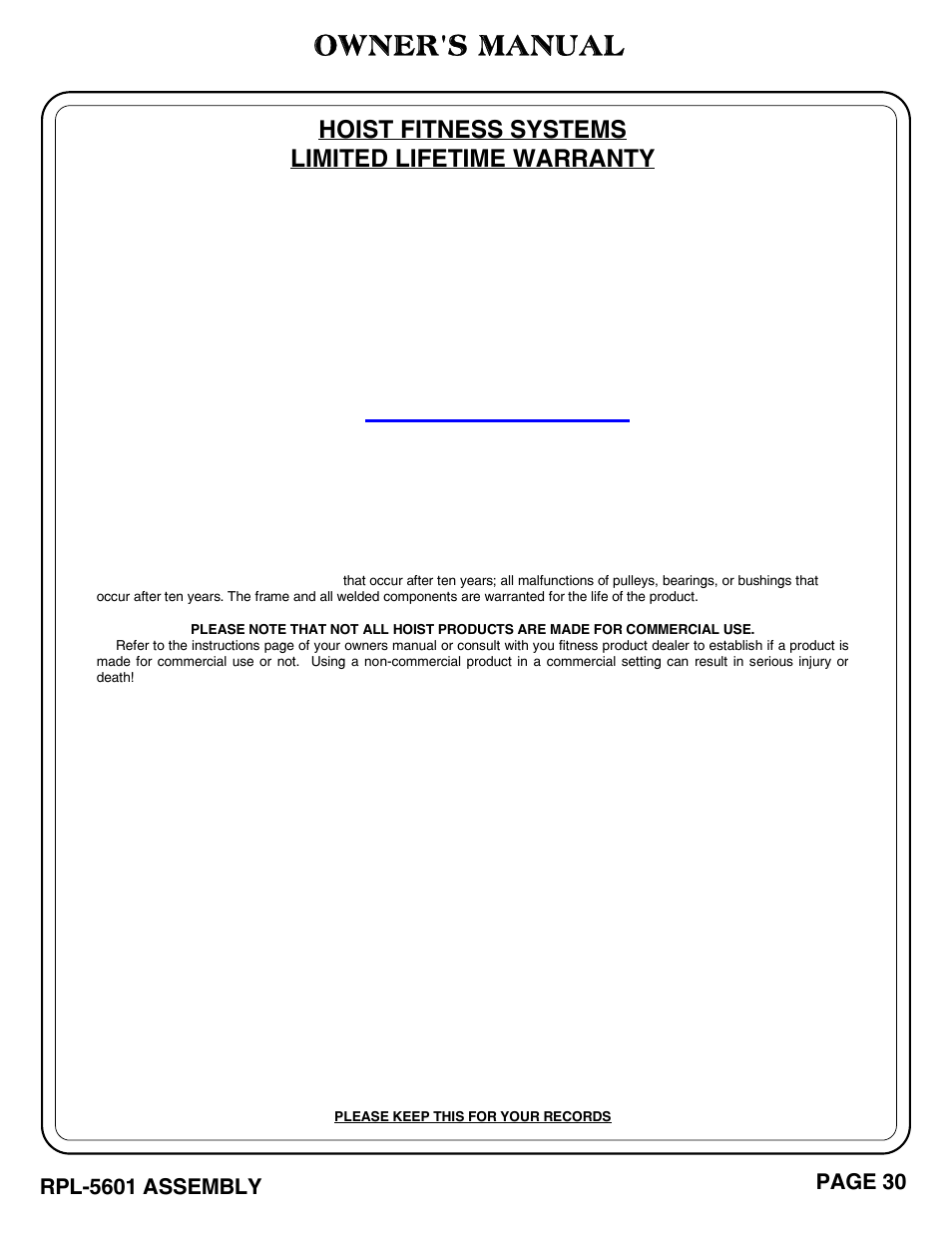 Owner's manual, Hoist fitness systems limited lifetime warranty, Page 30 | Rpl-5601 assembly | Hoist Fitness RPL-5601 User Manual | Page 31 / 31