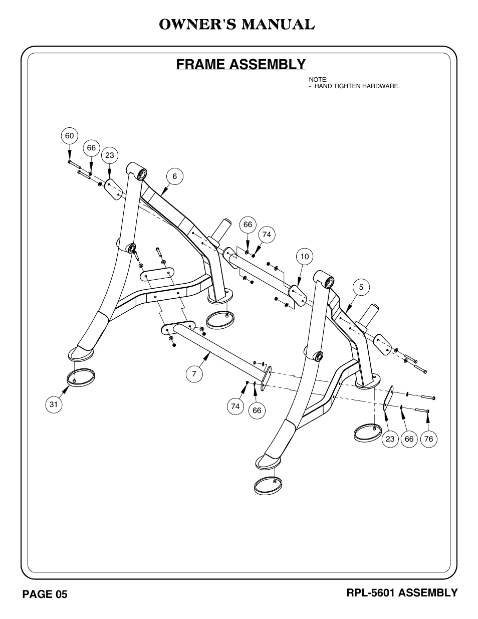 Frame assembly owner's manual, Rpl-5601 assembly, Page 05 | Hoist Fitness RPL-5601 User Manual | Page 6 / 31