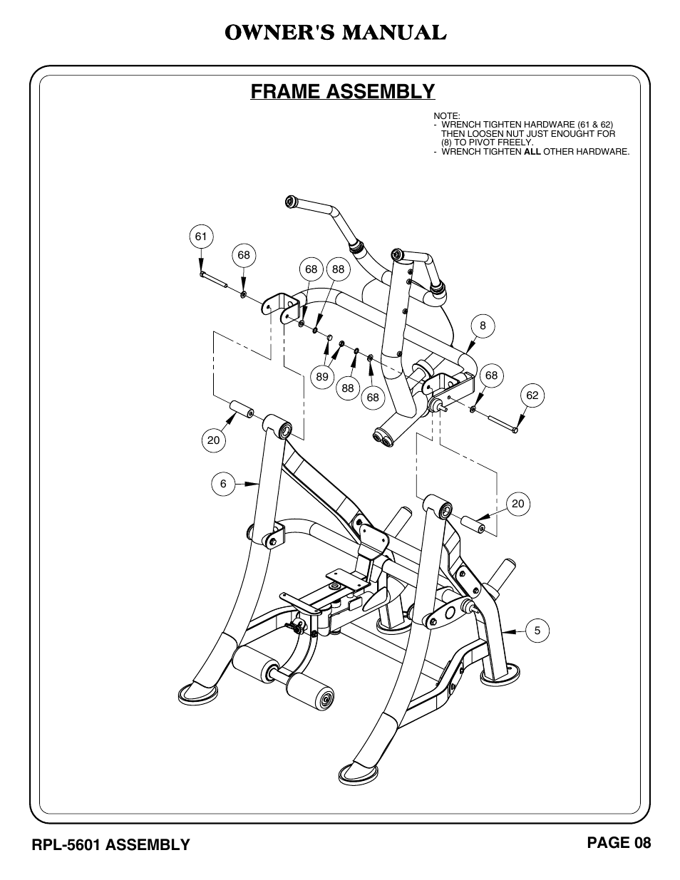 Frame assembly, Owner's manual | Hoist Fitness RPL-5601 User Manual | Page 9 / 31