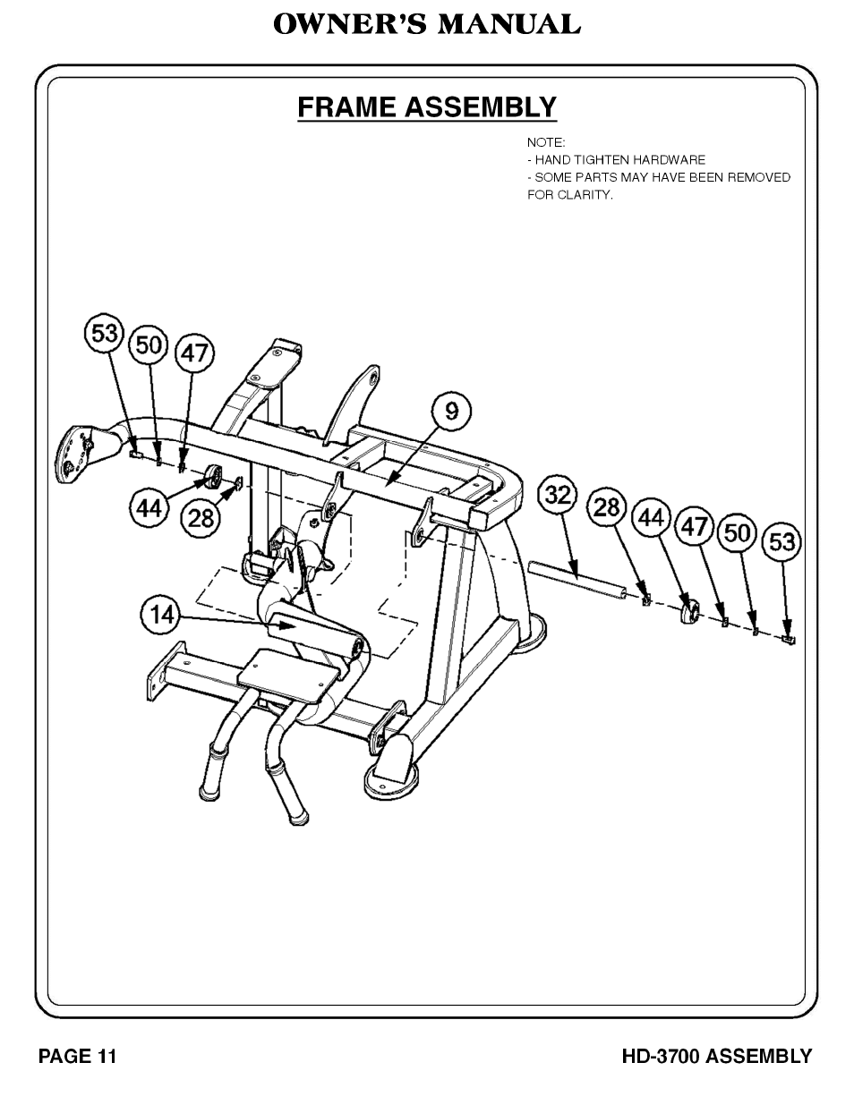 Owner’s manual frame assembly | Hoist Fitness RS‐1408 User Manual | Page 12 / 57