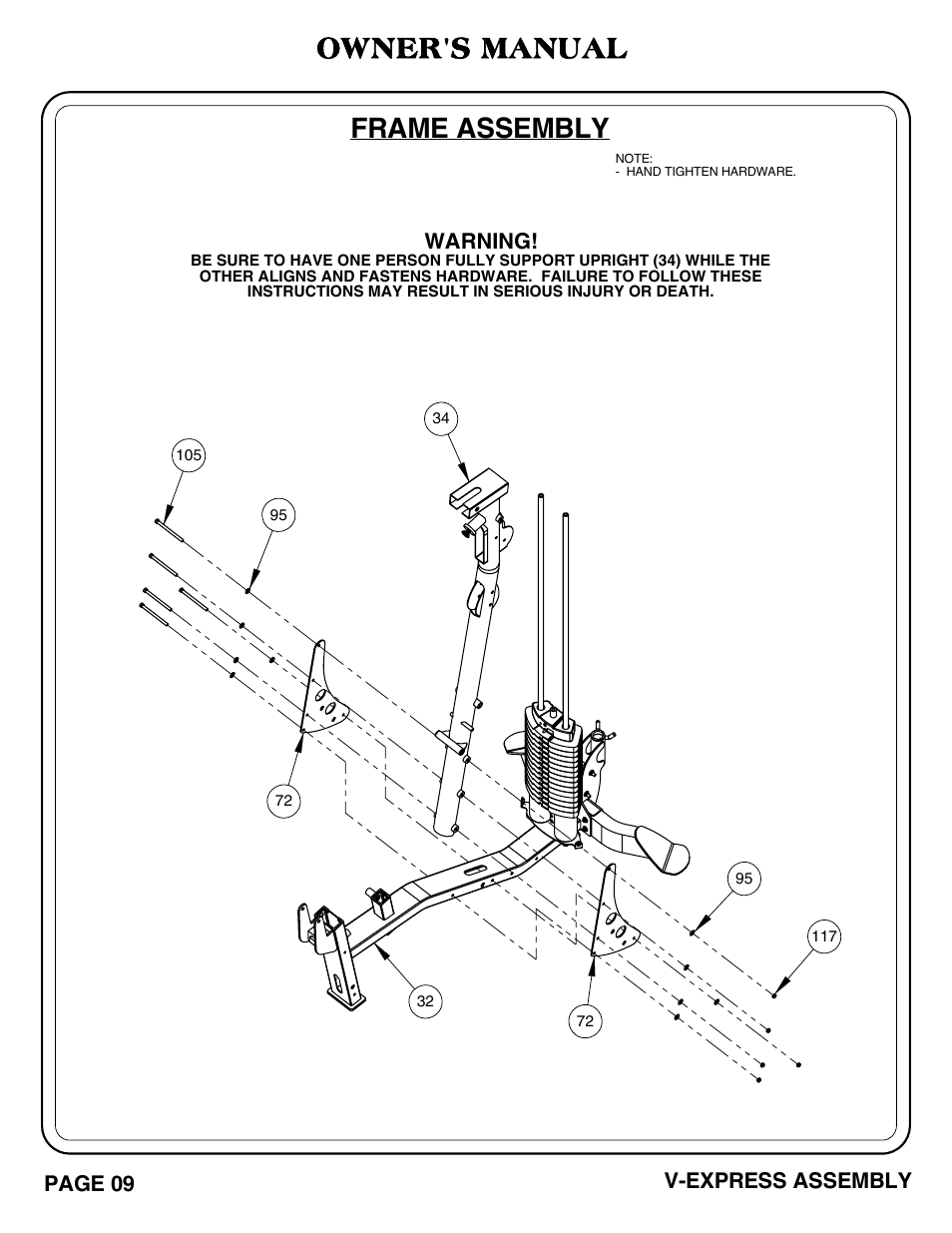 V-express_pg 09-10.pdf, Frame assembly owner's manual, Page 09 v-express assembly | Warning | Hoist Fitness V-EXPRESS User Manual | Page 10 / 71