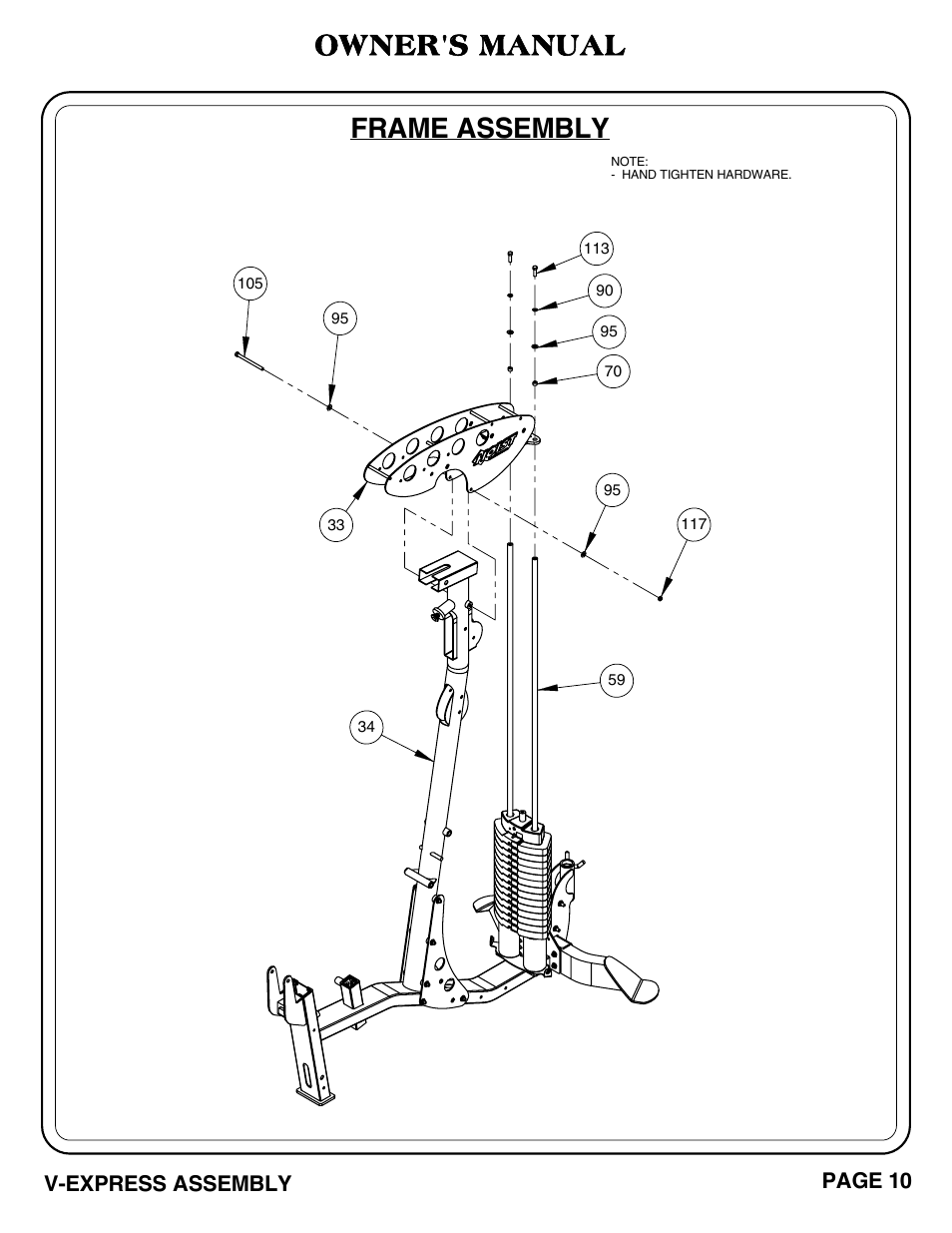 Frame assembly, Owner's manual, V-express assembly page 10 | Hoist Fitness V-EXPRESS User Manual | Page 11 / 71