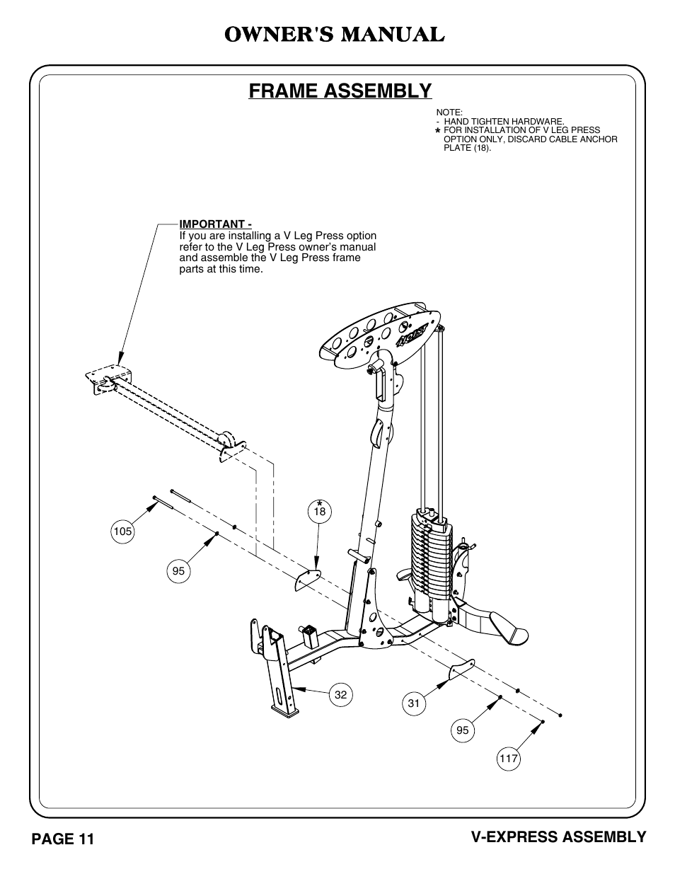 V-express_pg 11-12.pdf, Frame assembly, Owner's manual | Hoist Fitness V-EXPRESS User Manual | Page 12 / 71