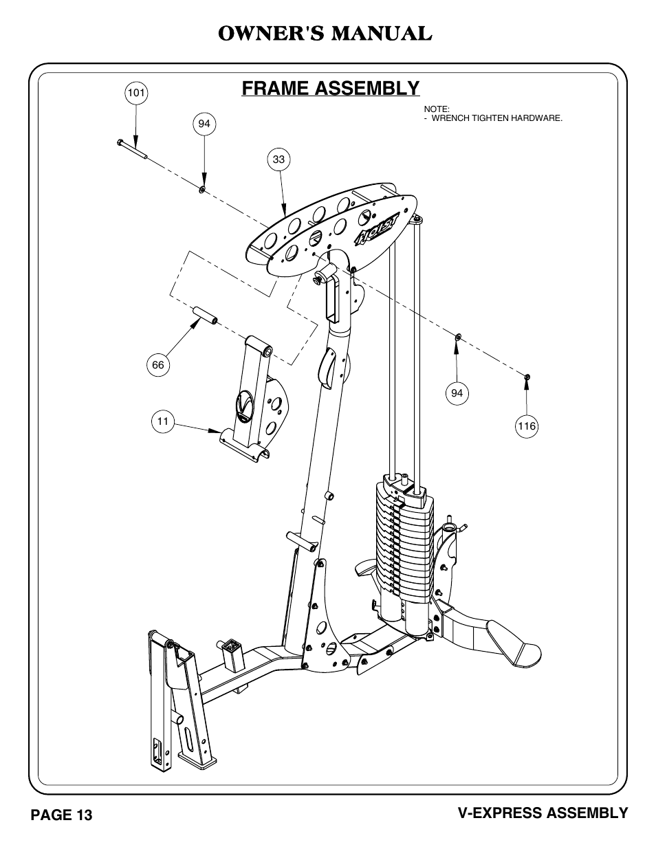 V-express_pg 13-14.pdf, Frame assembly, Owner's manual | Hoist Fitness V-EXPRESS User Manual | Page 14 / 71