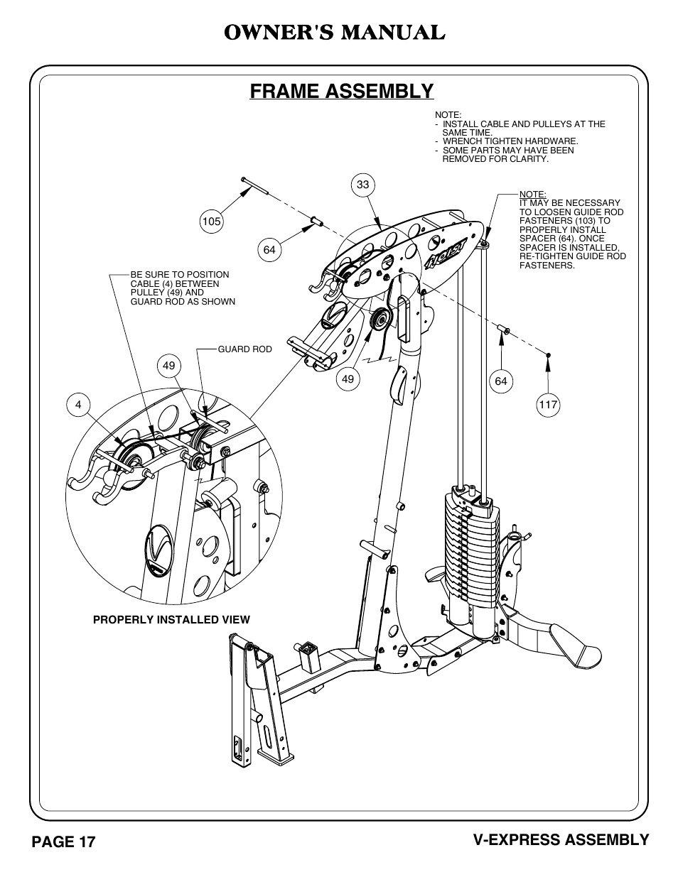 V-express_pg 17-18.pdf, Frame assembly, Owner's manual | Page 17 v-express assembly | Hoist Fitness V-EXPRESS User Manual | Page 18 / 71