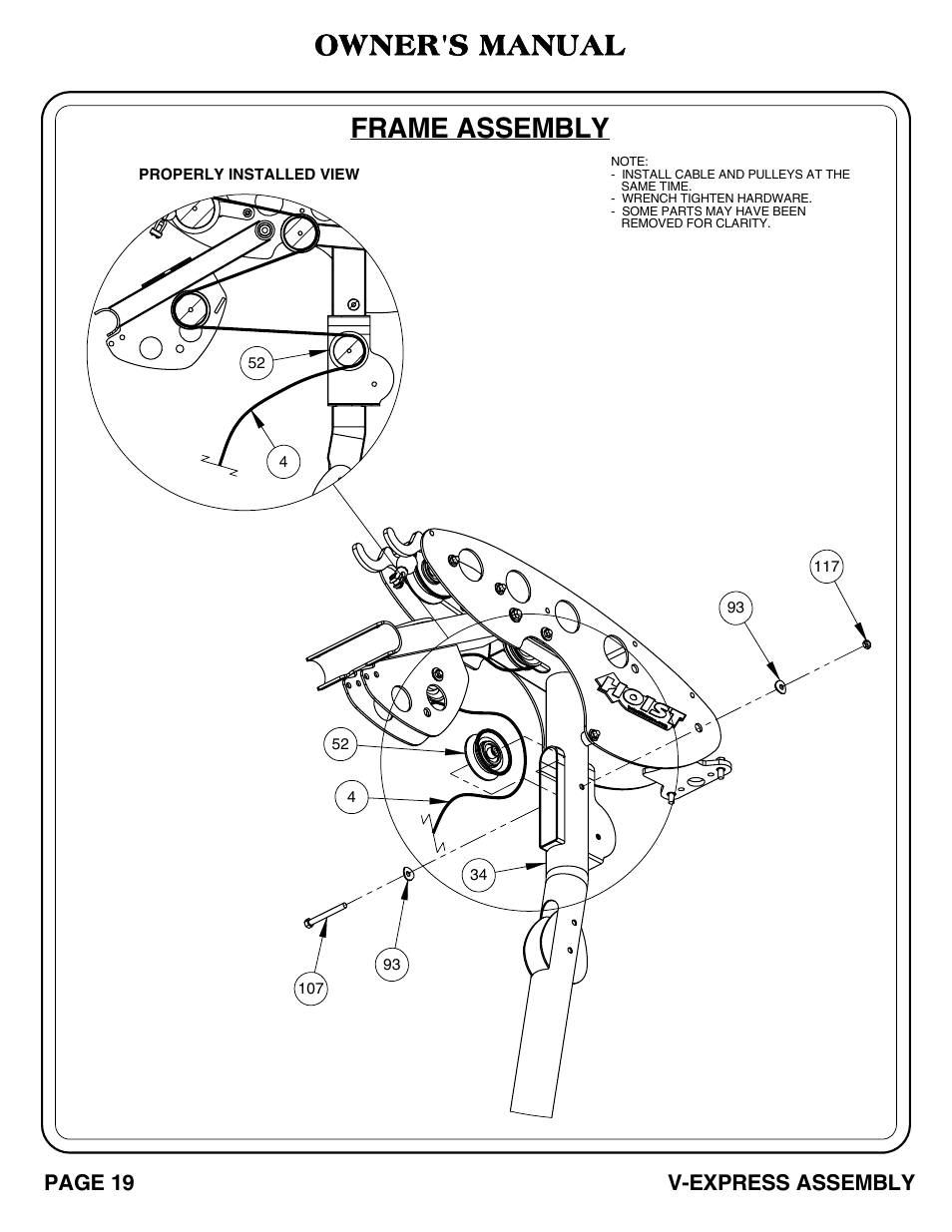 V-express_pg 19-20.pdf, Frame assembly, Owner's manual | V-express assembly, Page 19 | Hoist Fitness V-EXPRESS User Manual | Page 20 / 71