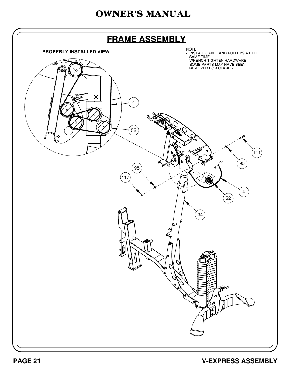 V-express_pg 21-22.pdf, Frame assembly, Owner's manual | V-express assembly, Page 21 | Hoist Fitness V-EXPRESS User Manual | Page 22 / 71