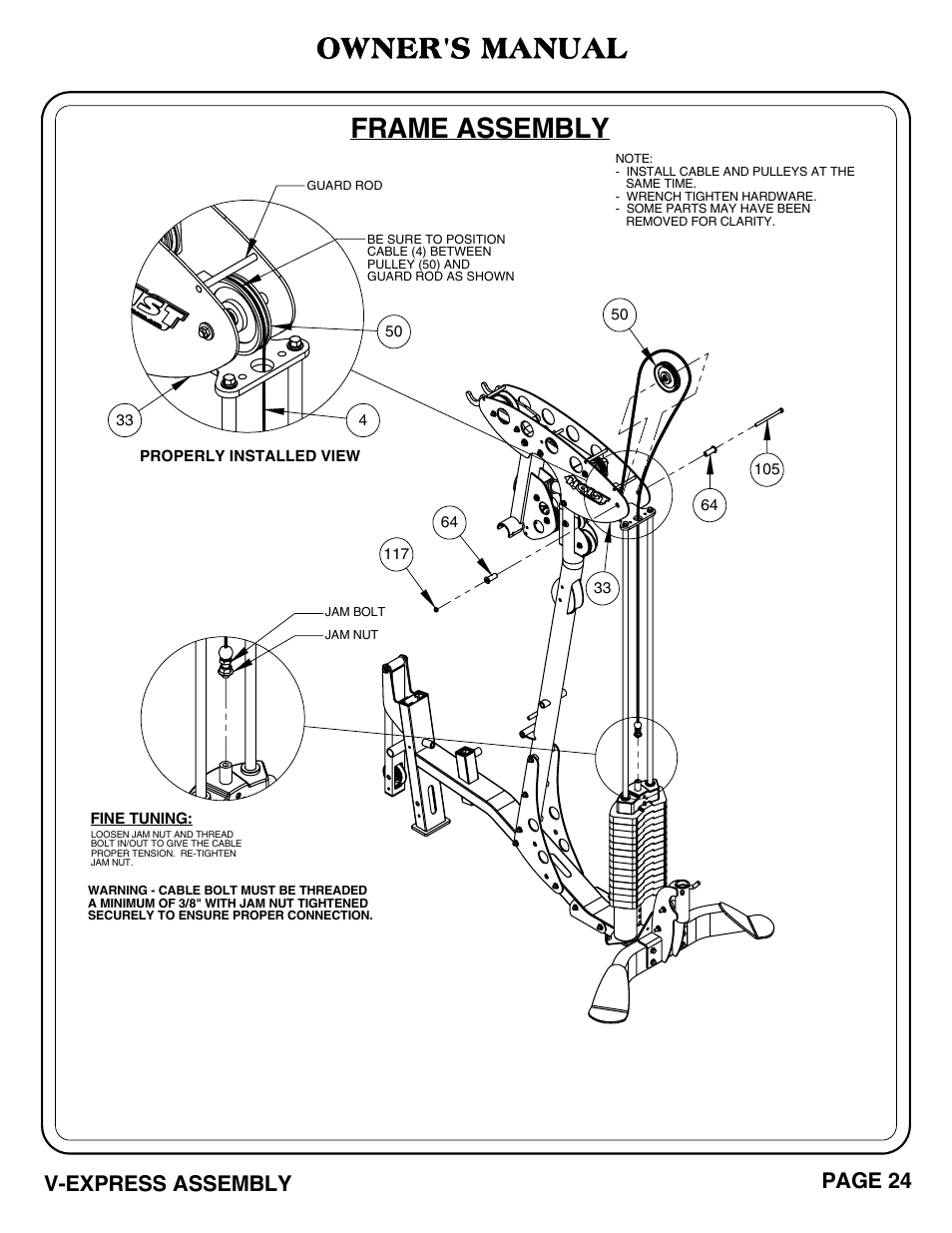 Frame assembly, Owner's manual, V-express assembly page 24 | Hoist Fitness V-EXPRESS User Manual | Page 25 / 71