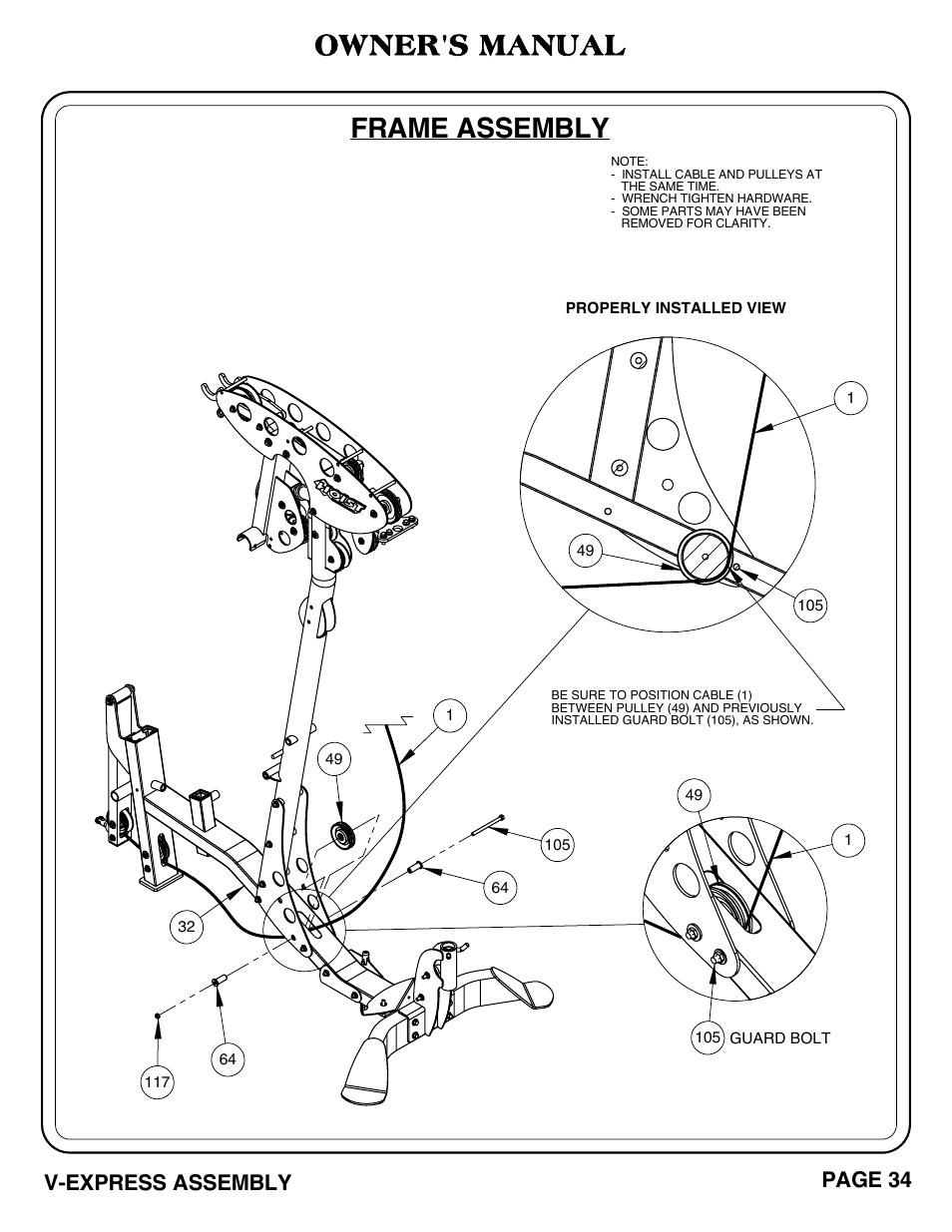 Frame assembly, Owner's manual, V-express assembly page 34 | Hoist Fitness V-EXPRESS User Manual | Page 35 / 71