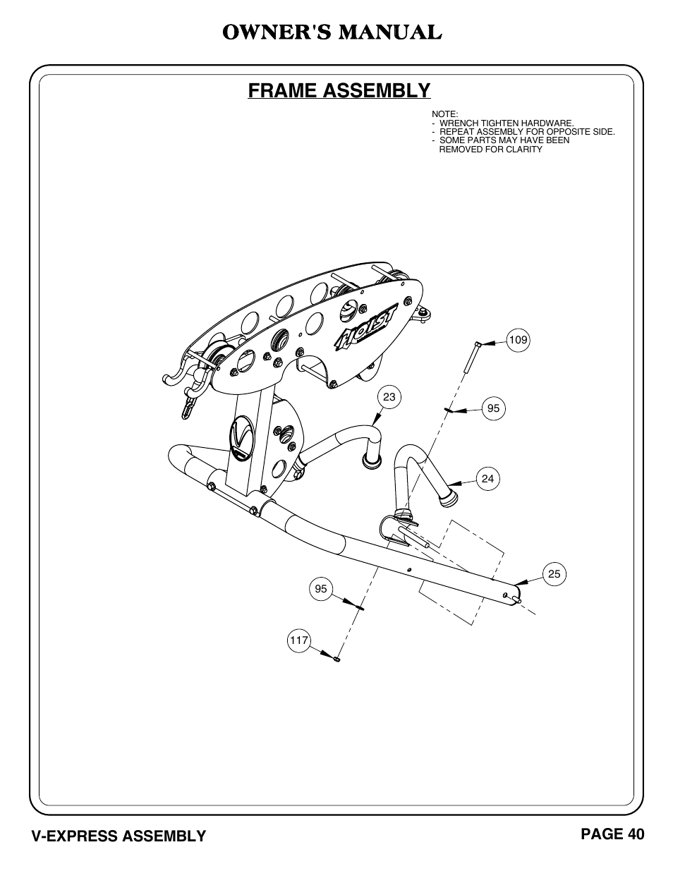 V-express_pg 40-41.pdf, Frame assembly, Owner's manual | Hoist Fitness V-EXPRESS User Manual | Page 41 / 71