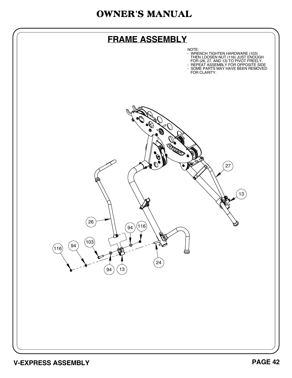 V-express_pg 42-43.pdf, Frame assembly, Owner's manual | V-express assembly, Page 42 | Hoist Fitness V-EXPRESS User Manual | Page 43 / 71