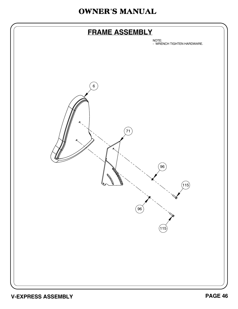 V-express_pg 46-47.pdf, Frame assembly, Owner's manual | Hoist Fitness V-EXPRESS User Manual | Page 47 / 71