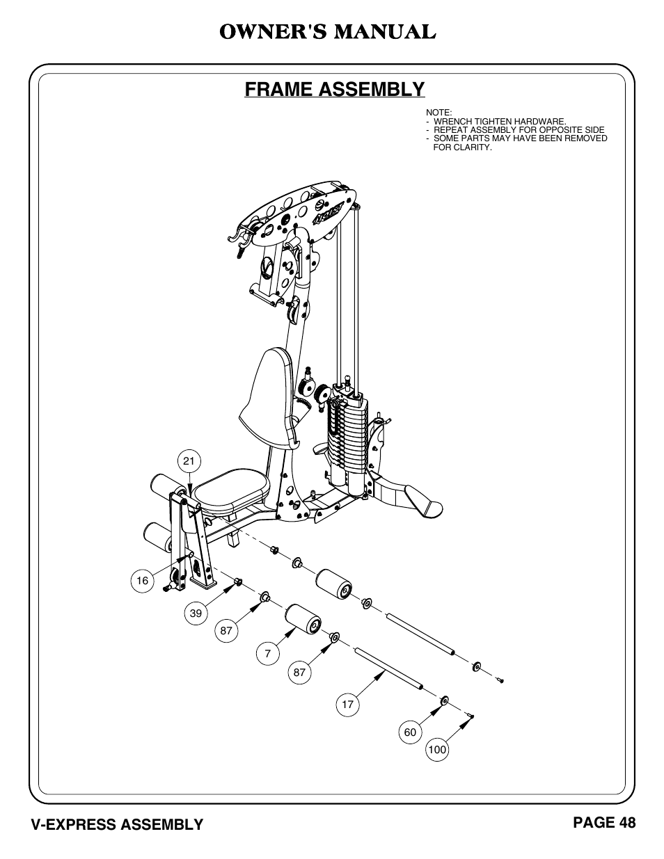 V-express_pg 48-49.pdf, Frame assembly, Owner's manual | V-express assembly, Page 48 | Hoist Fitness V-EXPRESS User Manual | Page 49 / 71