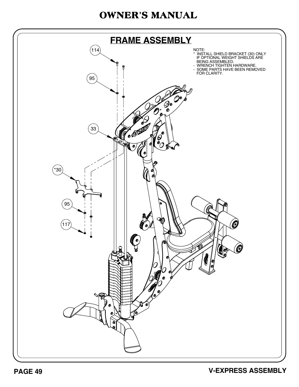 Frame assembly, Owner's manual, Page 49 v-express assembly | Hoist Fitness V-EXPRESS User Manual | Page 50 / 71