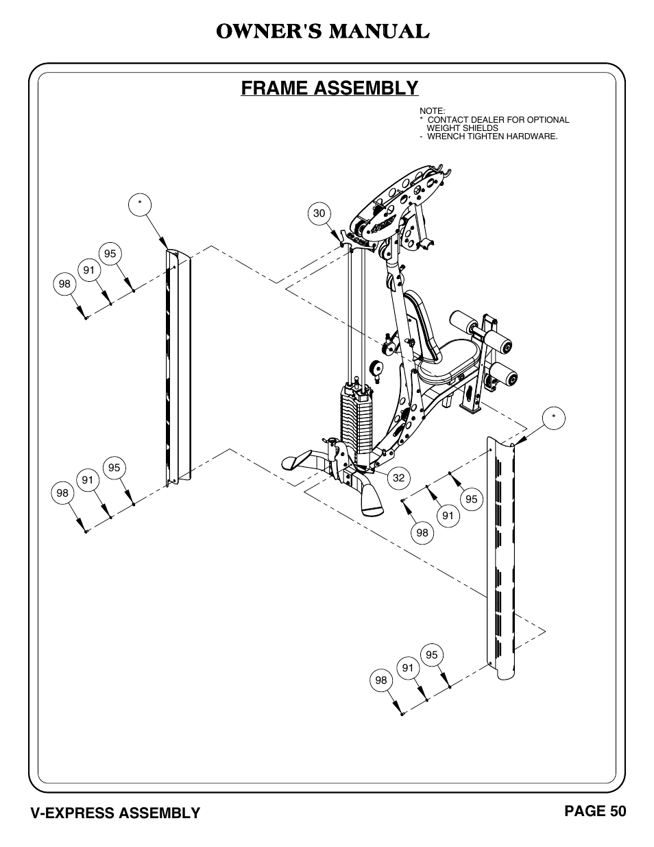 V-express_pg 50-51.pdf, Frame assembly, Owner's manual | V-express assembly, Page 50 | Hoist Fitness V-EXPRESS User Manual | Page 51 / 71