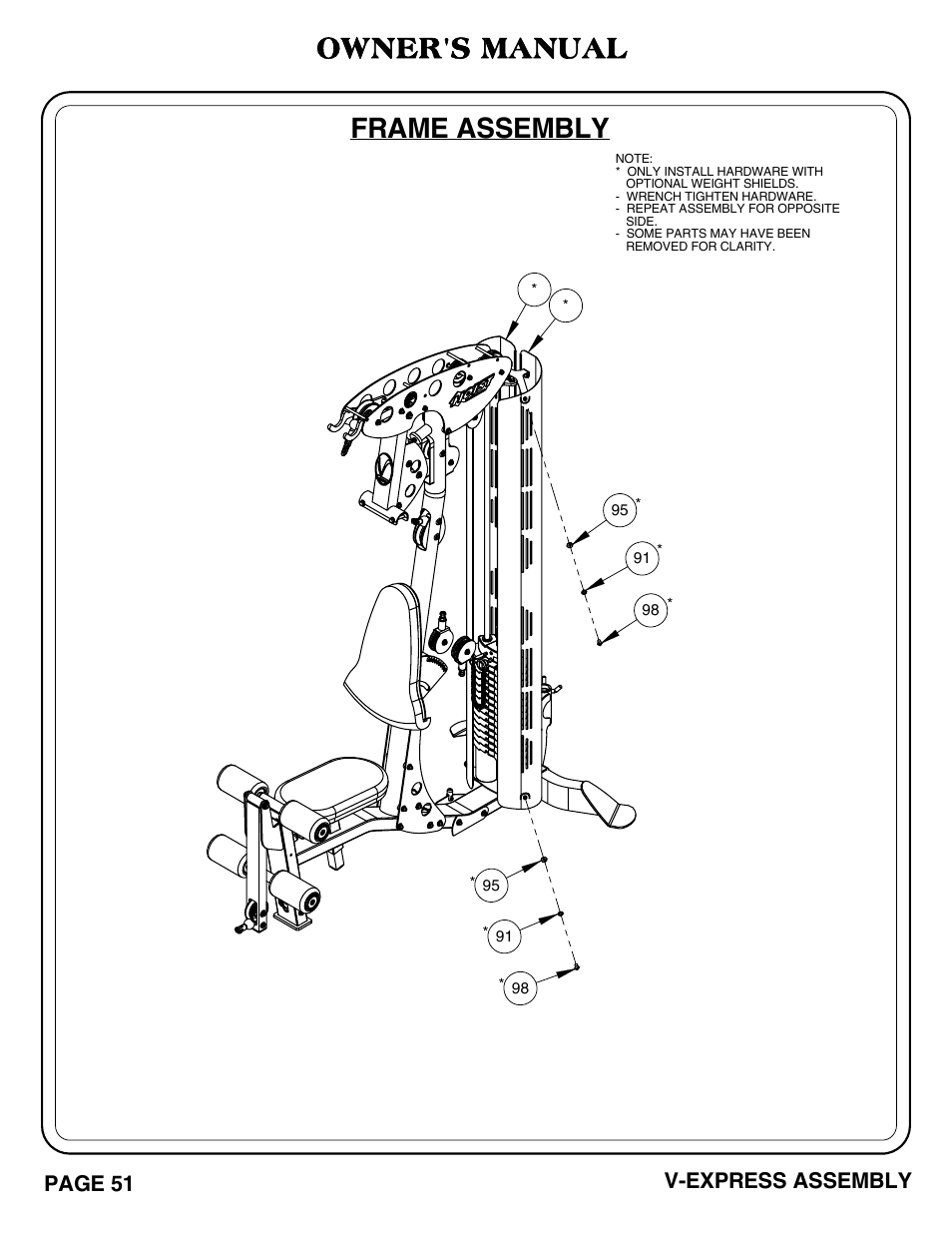 Frame assembly, Owner's manual, Page 51 v-express assembly | Hoist Fitness V-EXPRESS User Manual | Page 52 / 71