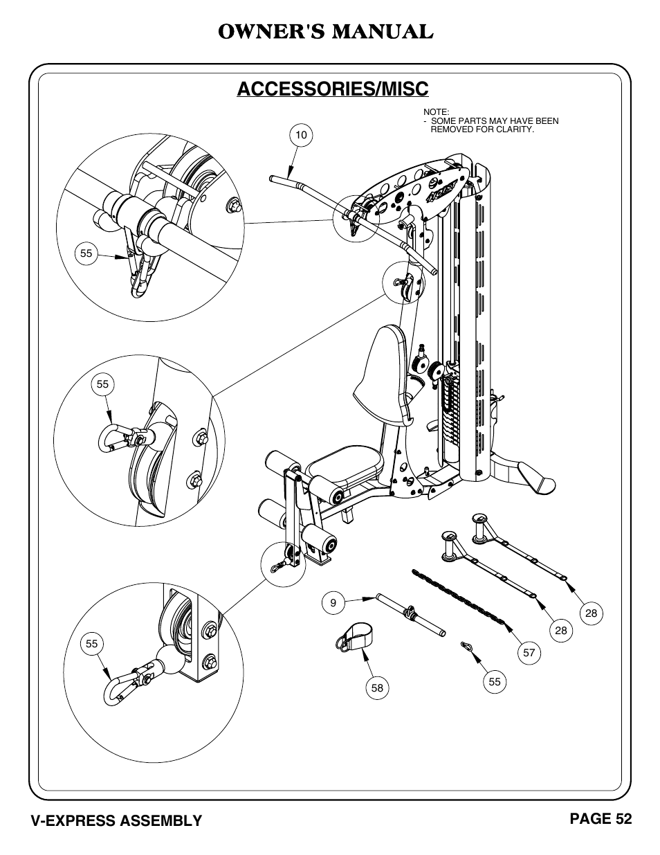 V-express_pg 52-53.pdf, Accessories/misc, Owner's manual | V-express assembly page 52 | Hoist Fitness V-EXPRESS User Manual | Page 53 / 71