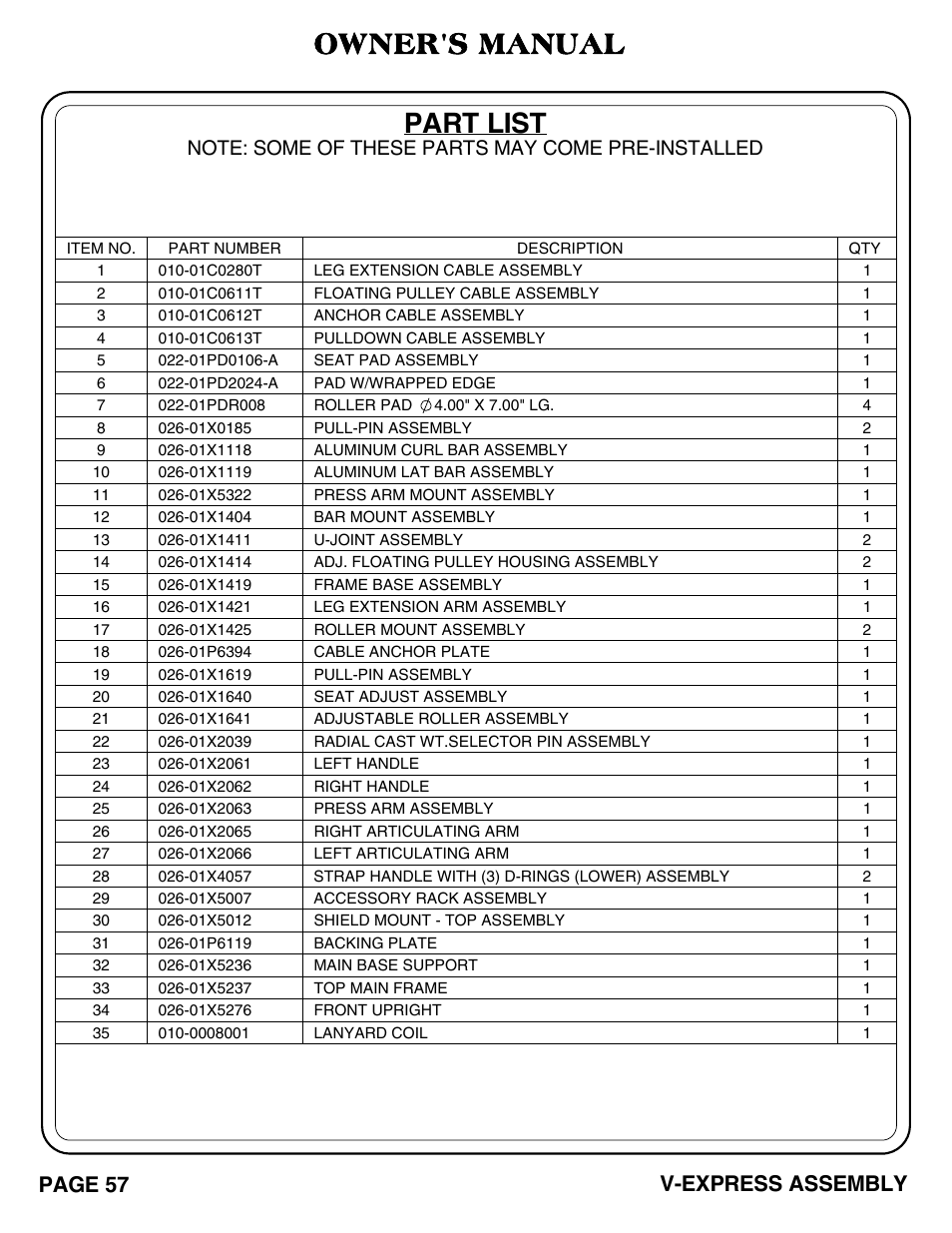 V-express_pg 57-61.pdf, Part list, Owner's manual | Page 57, V-express assembly | Hoist Fitness V-EXPRESS User Manual | Page 58 / 71