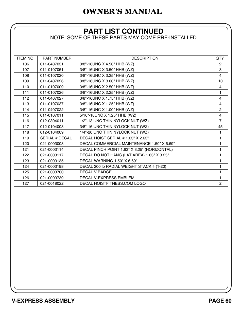 Part list continued, Owner's manual, Page 60 v-express assembly | Hoist Fitness V-EXPRESS User Manual | Page 61 / 71