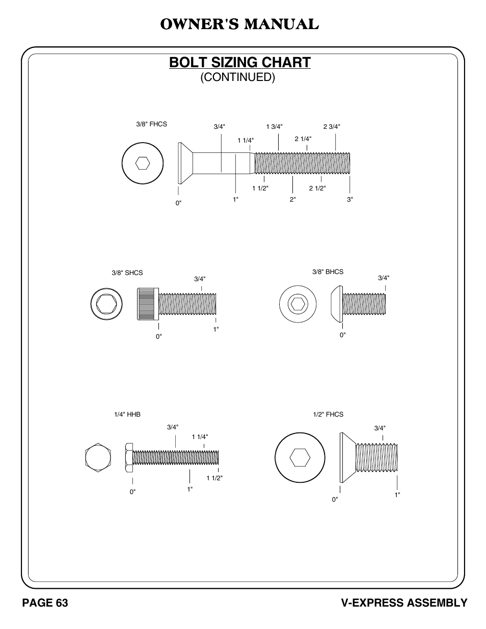 Bolt sizing chart owner's manual, Continued), Page 63 v-express assembly | Hoist Fitness V-EXPRESS User Manual | Page 64 / 71