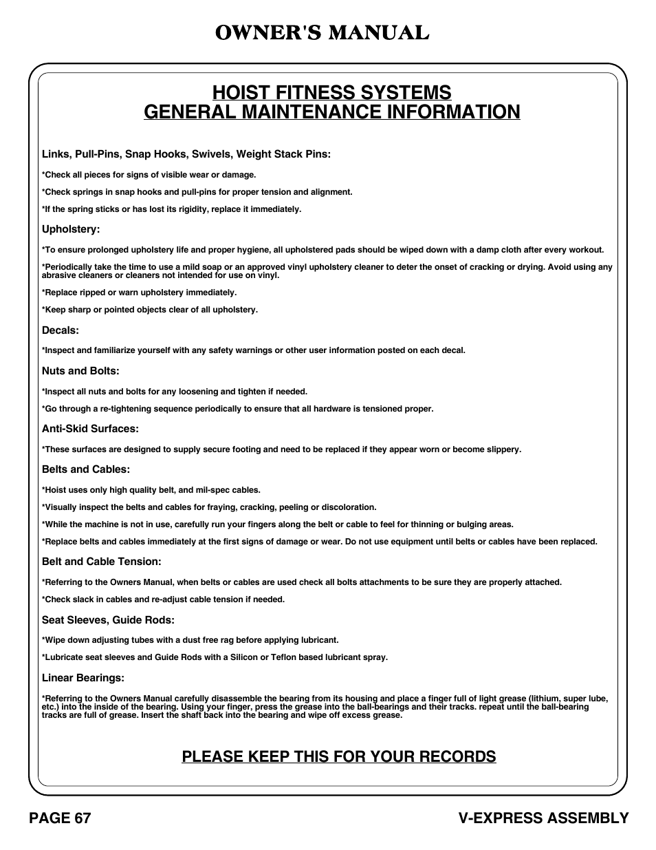 Owner's manual, Please keep this for your records, Page 67 v-express assembly | Hoist Fitness V-EXPRESS User Manual | Page 68 / 71