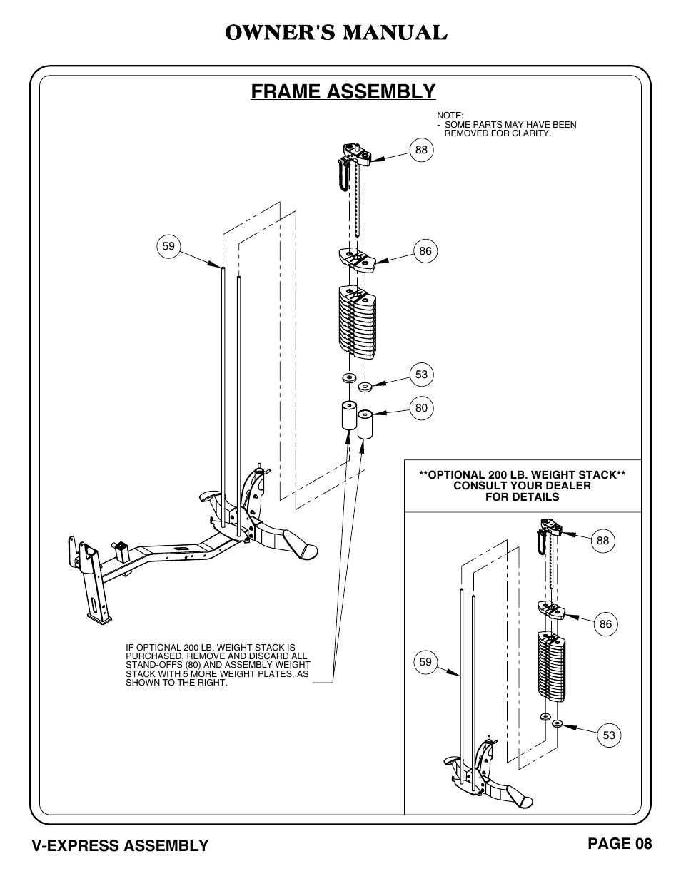 Frame assembly, Owner's manual, V-express assembly page 08 | Hoist Fitness V-EXPRESS User Manual | Page 9 / 71