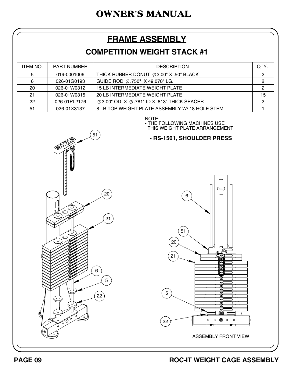 Frame assembly, Owner's manual, Competition weight stack #1 | Page 09 roc-it weight cage assembly | Hoist Fitness ROC-IT WEIGHT CAGE User Manual | Page 10 / 39