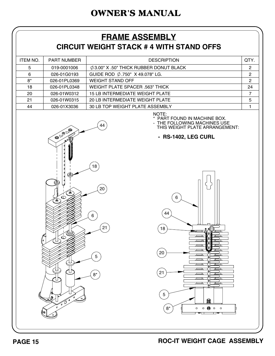 Frame assembly, Owner's manual, Circuit weight stack # 4 with stand offs | Page 15 roc-it weight cage assembly | Hoist Fitness ROC-IT WEIGHT CAGE User Manual | Page 16 / 39