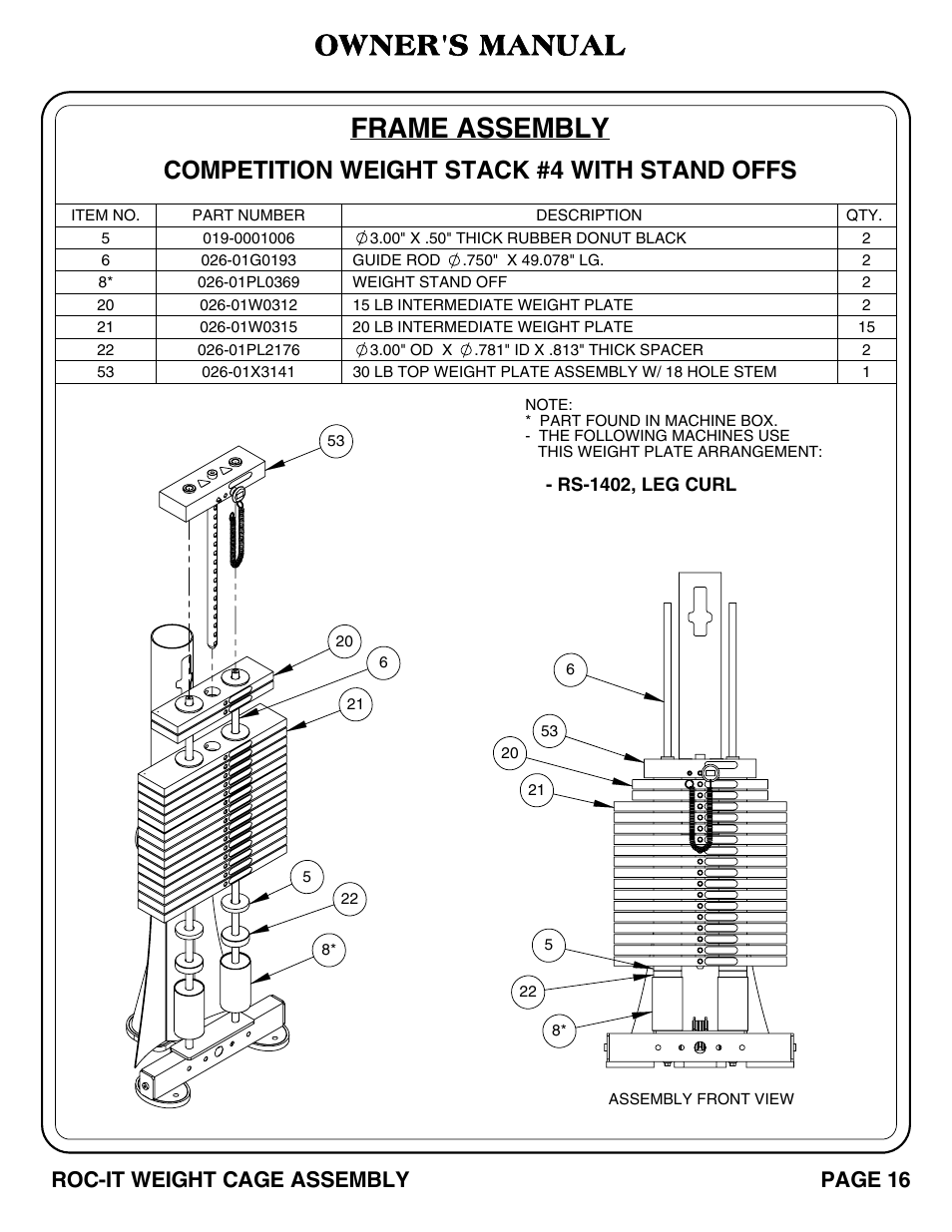 Frame assembly, Owner's manual, Competition weight stack #4 with stand offs | Page 16 roc-it weight cage assembly | Hoist Fitness ROC-IT WEIGHT CAGE User Manual | Page 17 / 39