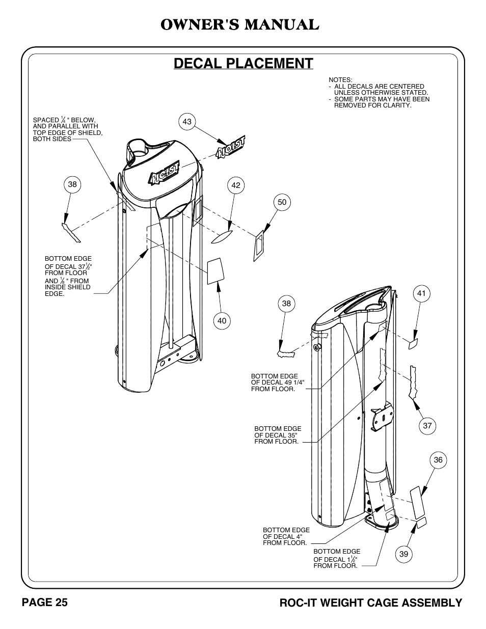 Owner's manual, Decal placement, Page 25 roc-it weight cage assembly | Hoist Fitness ROC-IT WEIGHT CAGE User Manual | Page 26 / 39