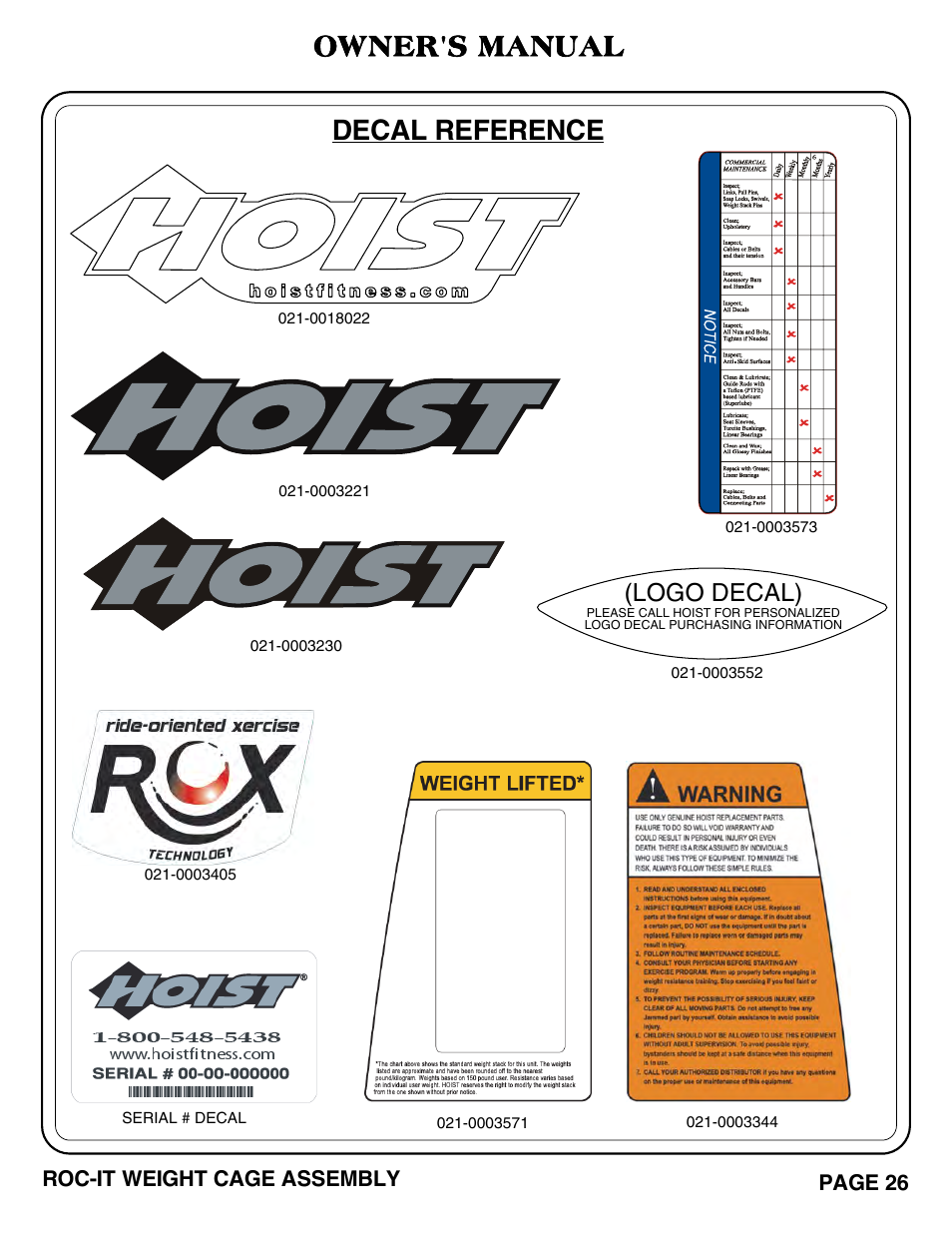 Owner's manual, Decal reference, Logo decal) | Hoist Fitness ROC-IT WEIGHT CAGE User Manual | Page 27 / 39