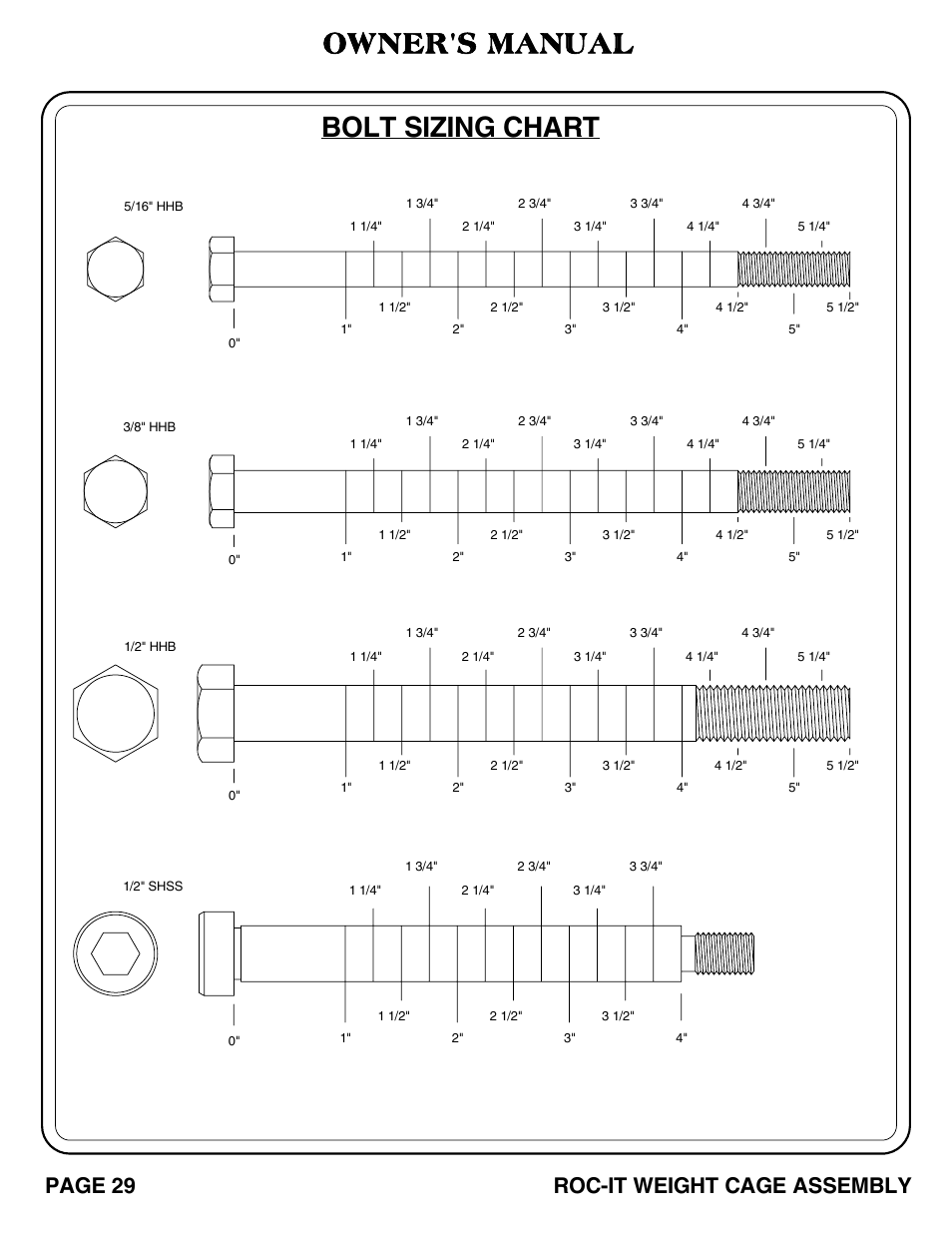 Owner's manual, Bolt sizing chart, Page 29 roc-it weight cage assembly | Hoist Fitness ROC-IT WEIGHT CAGE User Manual | Page 30 / 39