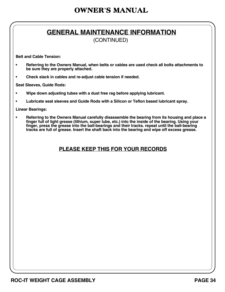 Owner's manual, General maintenance information | Hoist Fitness ROC-IT WEIGHT CAGE User Manual | Page 35 / 39