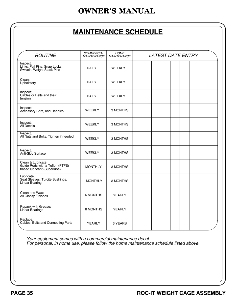 Owner's manual, Maintenance schedule, Page 35 roc-it weight cage assembly | Routine, Latest date entry | Hoist Fitness ROC-IT WEIGHT CAGE User Manual | Page 36 / 39