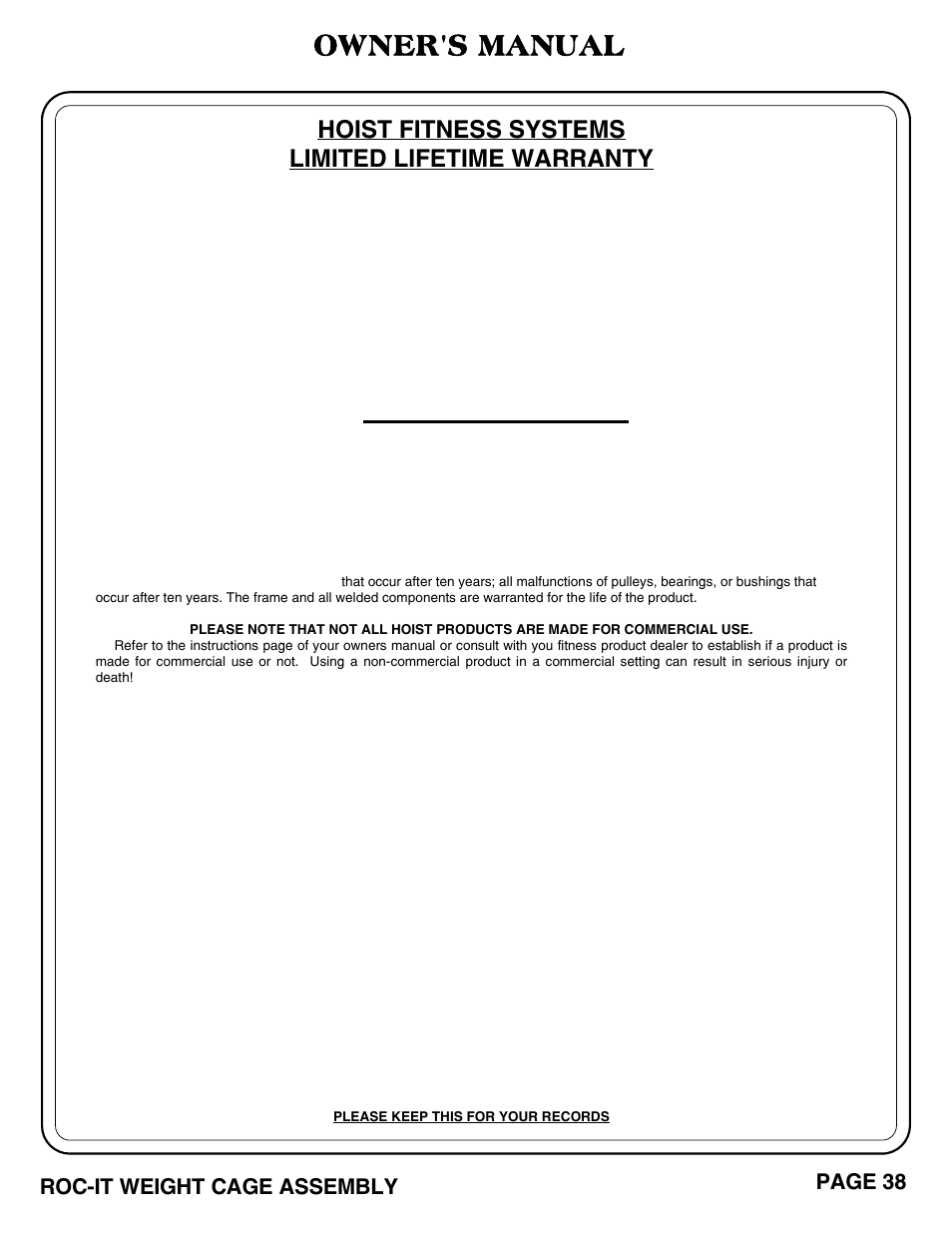 Owner's manual, Hoist fitness systems limited lifetime warranty, Page 38 roc-it weight cage assembly | Hoist Fitness ROC-IT WEIGHT CAGE User Manual | Page 39 / 39