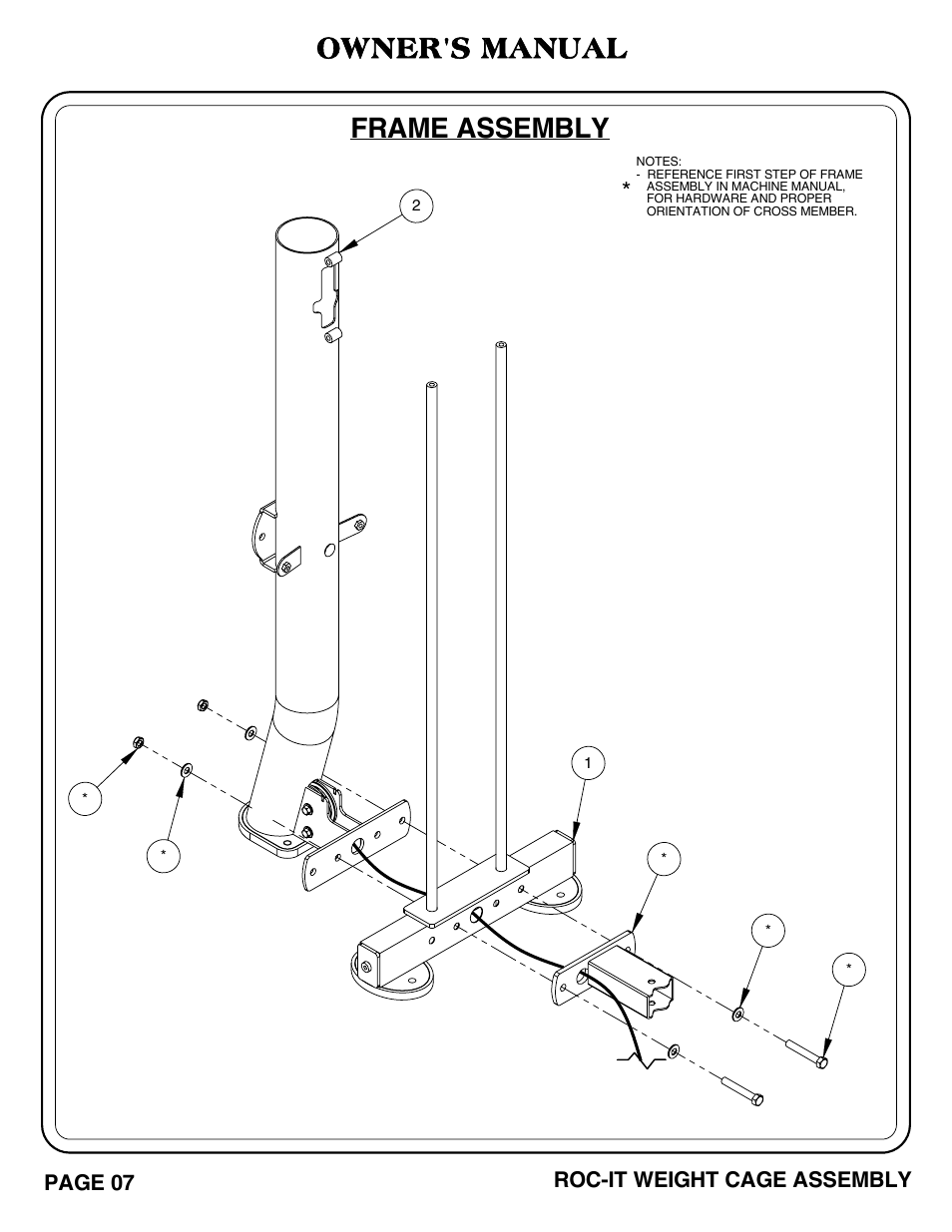 Frame assembly, Owner's manual | Hoist Fitness ROC-IT WEIGHT CAGE User Manual | Page 8 / 39